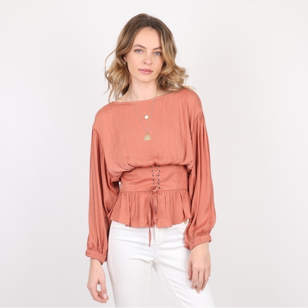Free People Corset Blouse Top Smocked Balloon Sleeve Bohemian Texas Orange Small - Picture 3 of 11